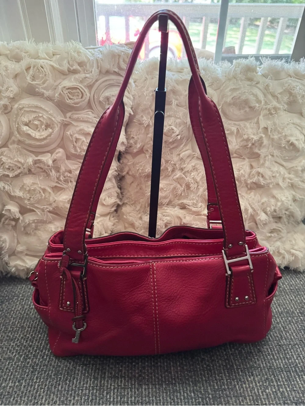 Fossil Red Leather Shoulder Bag / Satchel – Double Handle – Silver Hardware
